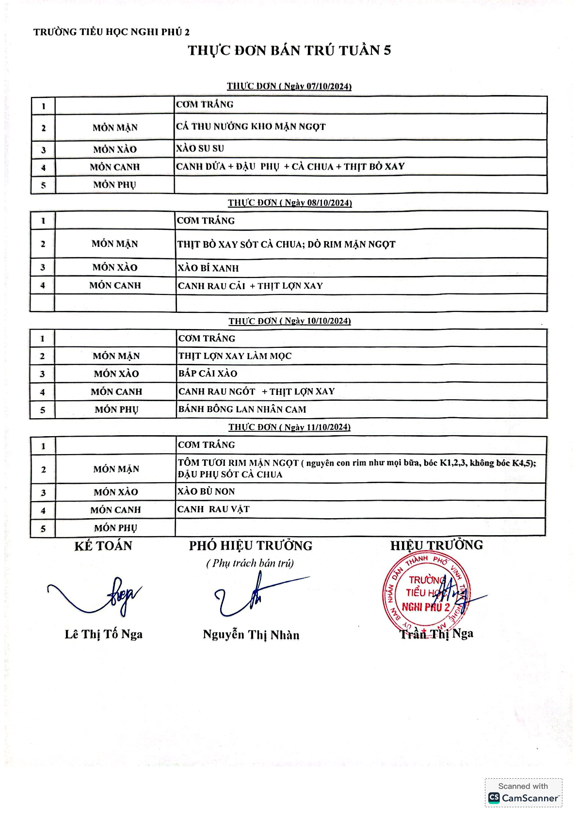 Thực đơn bán trú tuần 5