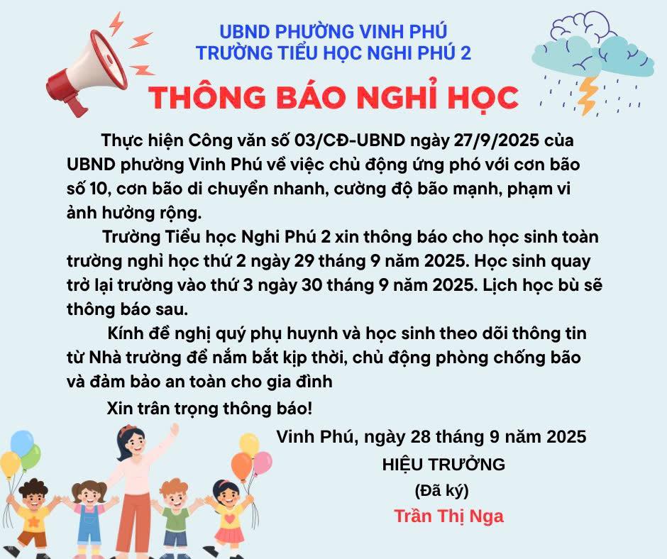 TRƯỜNG TH NGHI PHÚ 2 THÔNG BÁO NGHỈ HỌC