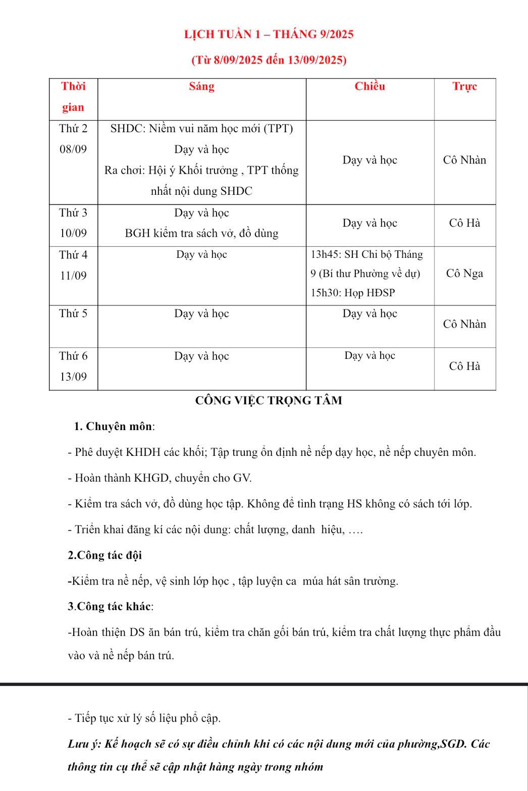 Lịch Tuần 1 tháng 9/2025 (Từ 08/09/2025 đến 13/09/2025)