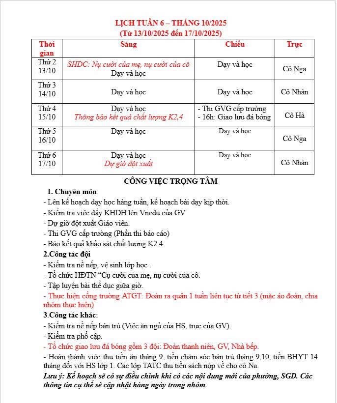 Lịch Tuần 6 Tháng 10/2025 (Từ ngày 13/10/2025 đến 17/10/2025)