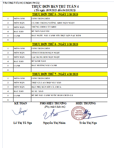 Thực đơn bán trú Tuần 4 (30/09/2025 - 04/10/2025)