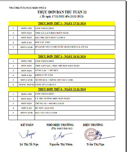 THỰC ĐƠN BÁN TRÚ TUẦN 11 (TỪ NGÀY 17/11/2025 ĐẾN 21/11/2025)