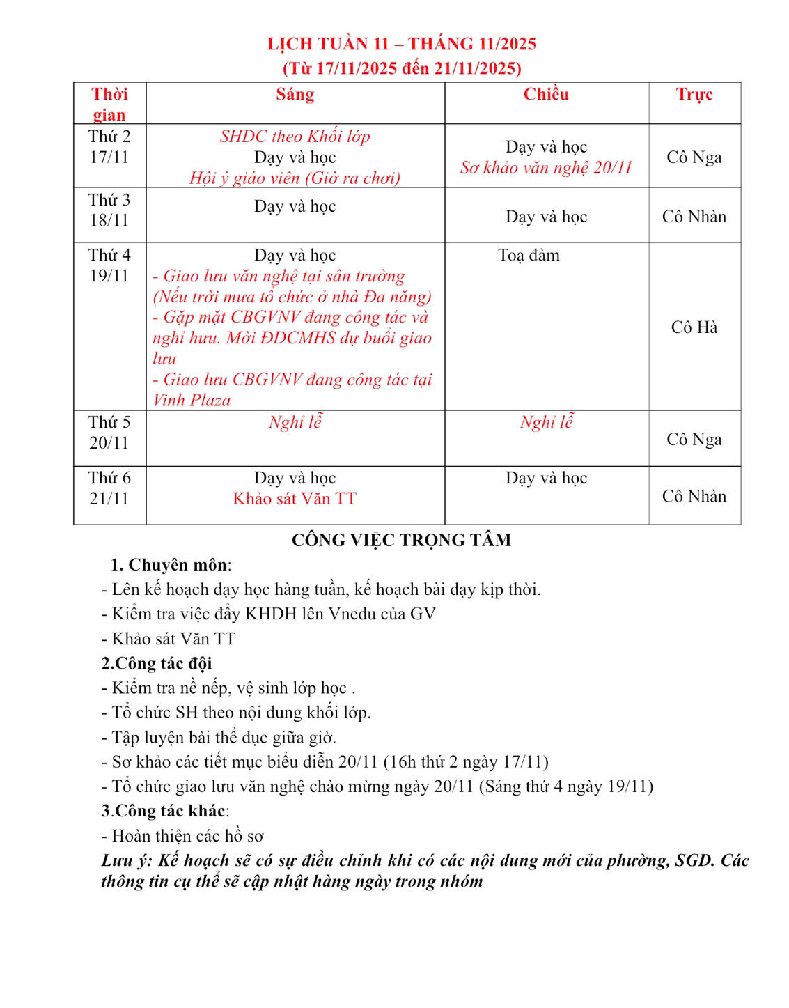 LỊCH TUẦN 11 - THÁNG 11/2025.
