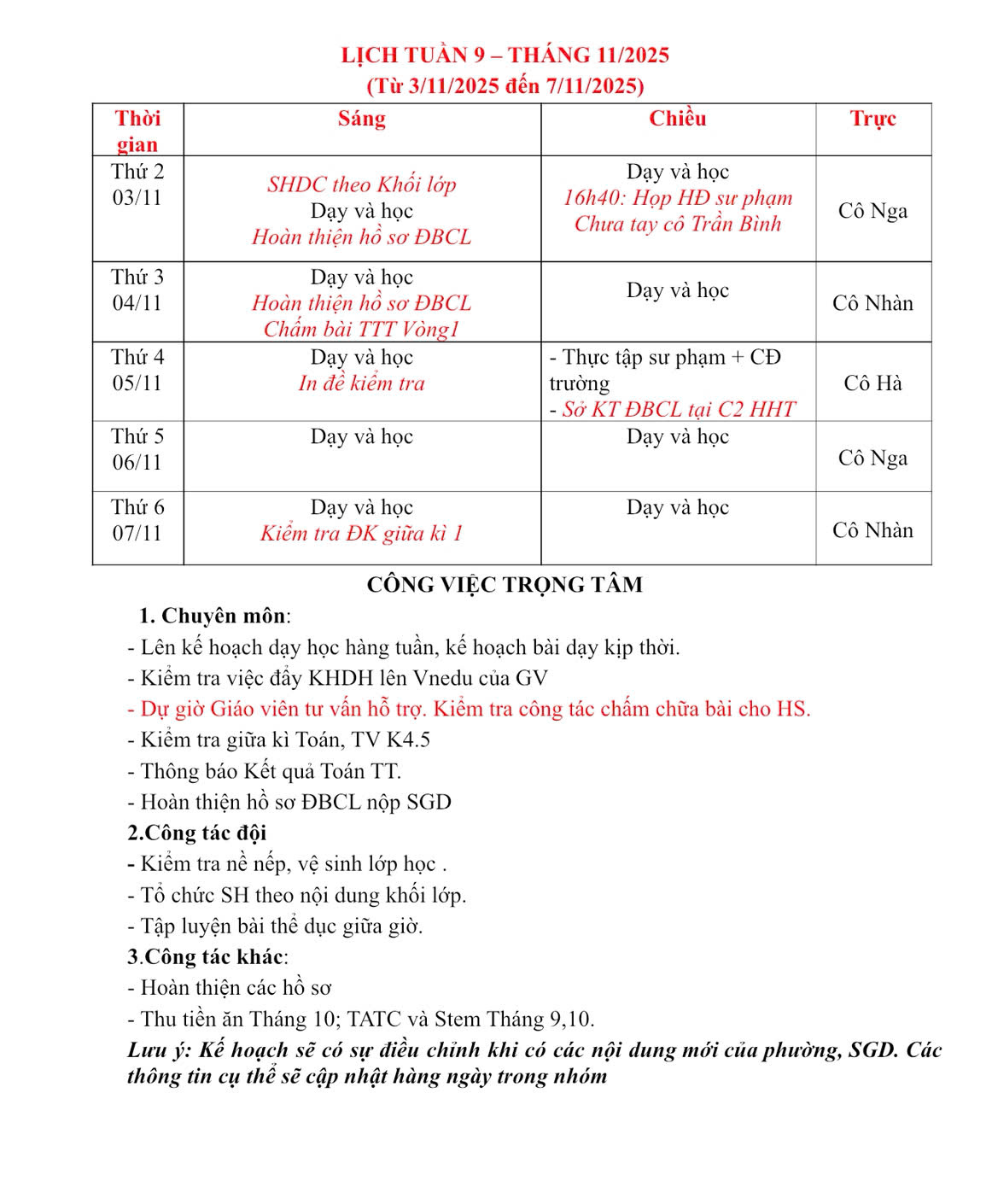LỊCH TUẦN 9 - THÁNG 11/2025