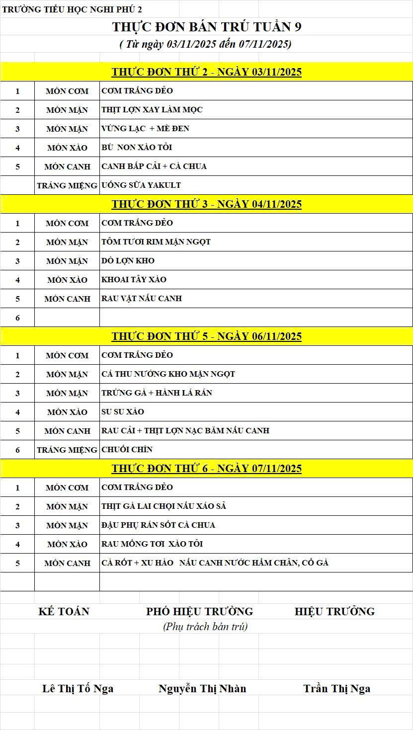 THỰC ĐƠN BÁN TRÚ TUẦN 9 (TỪ NGÀY 03/11/2025 ĐẾN 07/11/2025)
