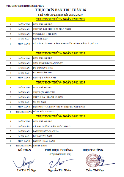 LỊCH TUẦN 16 - THỰC ĐƠN BÁN TRÚ TUẦN 16 (22/12/2025-26/12/2025).