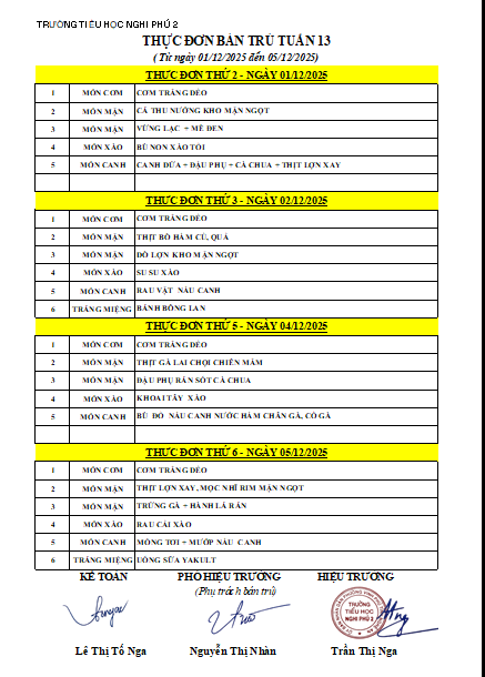 THỰC ĐƠN BÁN TRÚ TUẦN 13 (TỪ NGÀY 01/12/2025 ĐẾN 05/12/2025)