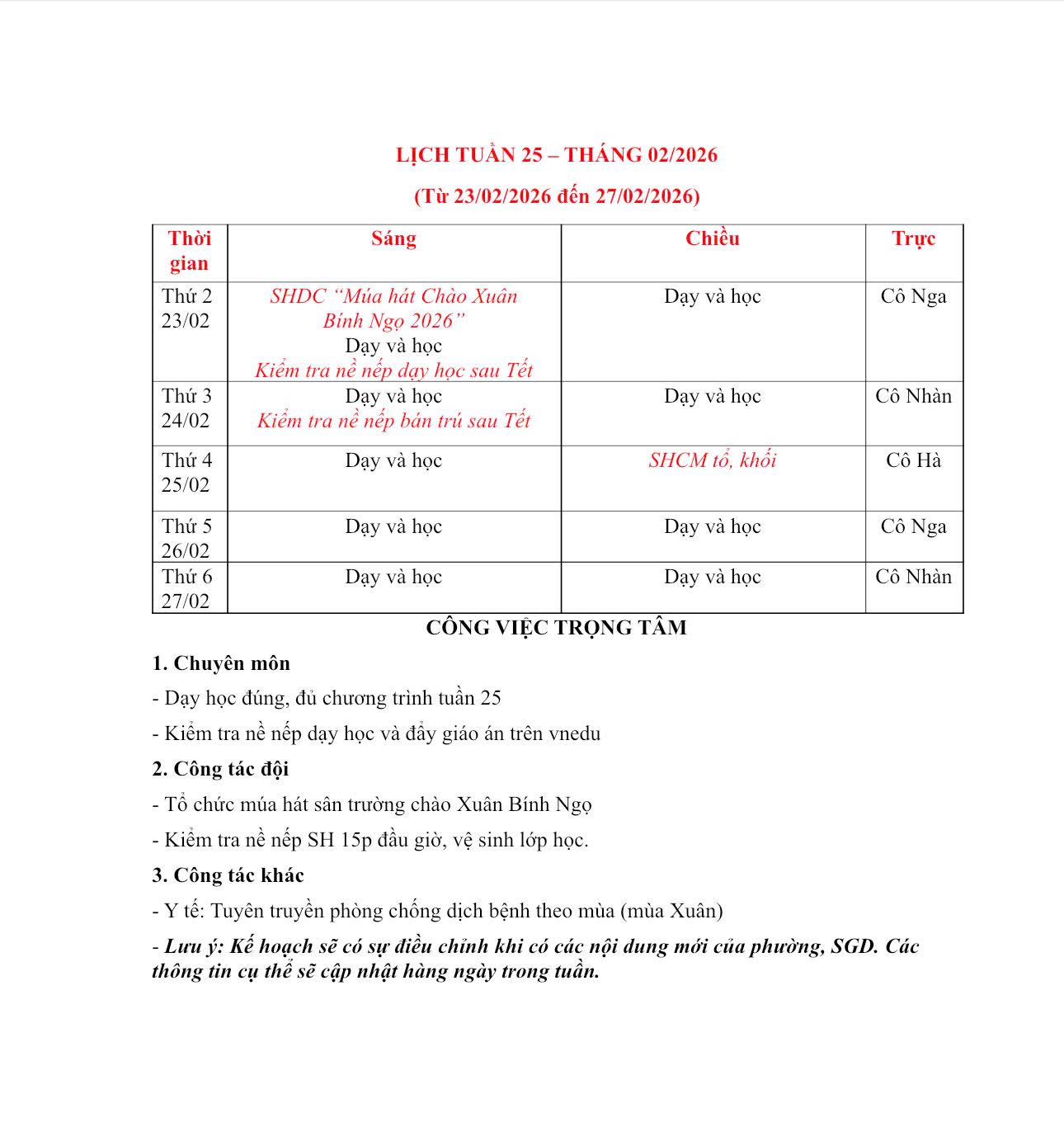 LỊCH TUẦN 25 - THỰC ĐƠN BÁN TRÚ TUẦN 25 THÁNG 02/2026