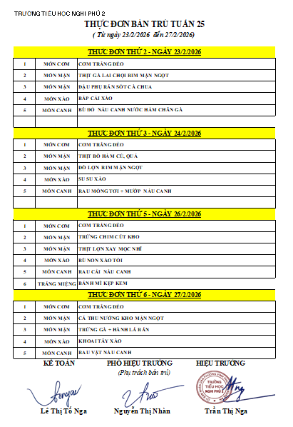 LỊCH TUẦN 25 - THỰC ĐƠN BÁN TRÚ TUẦN 25 THÁNG 02/2026