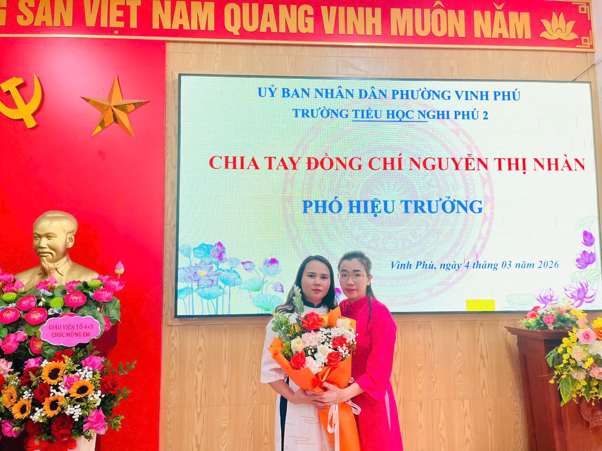 Chia tay cô Nguyễn Thị Nhàn và đón cô Âu Thị Ánh Tuyết về giữ chức vụ Phó Hiệu trưởng
