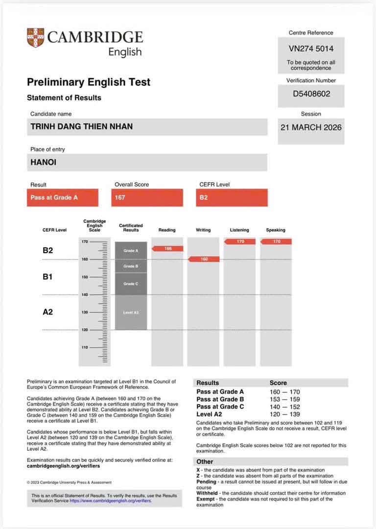 💐Trường tiểu học Nghi Phú 2 chúc mừng em Trịnh Đặng Thiện Nhân lớp 5E đã xuất sắc đạt trình độ B2 Quốc tế ngay từ lứa tuổi Tiểu học – một thành tích hiếm có và đầy ấn tượng.
