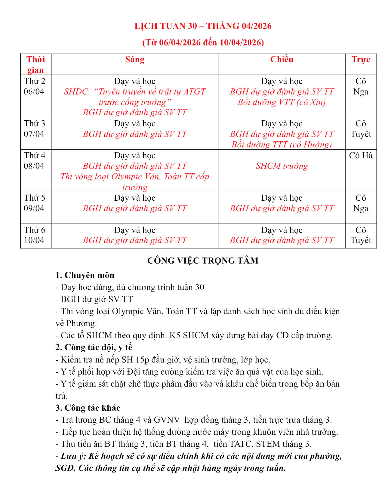 LỊCH TUẦN 30 - THỰC ĐƠN TUẤN 30 THÁNG 04/2026.