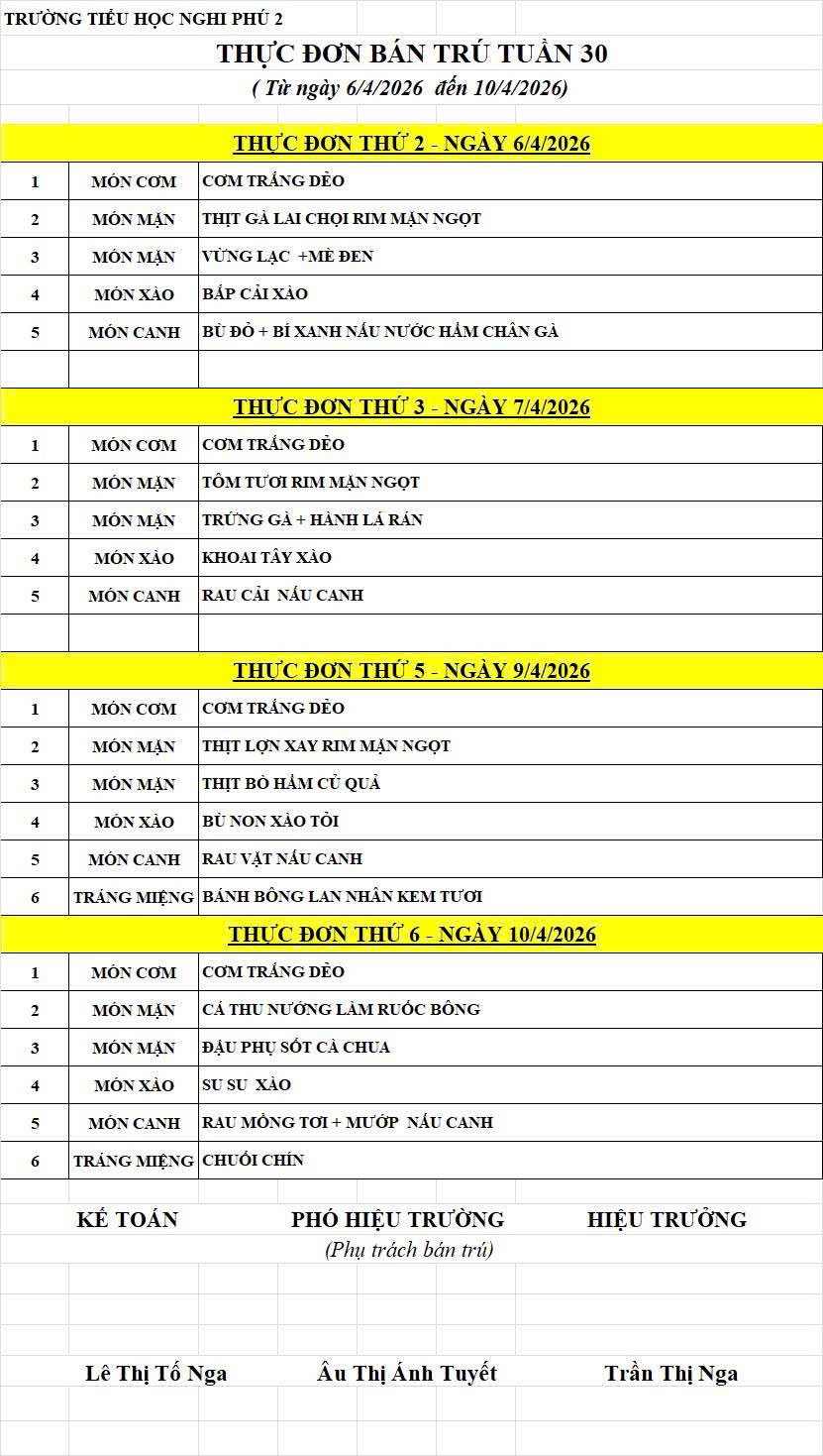 LỊCH TUẦN 30 - THỰC ĐƠN TUẤN 30 THÁNG 04/2026.