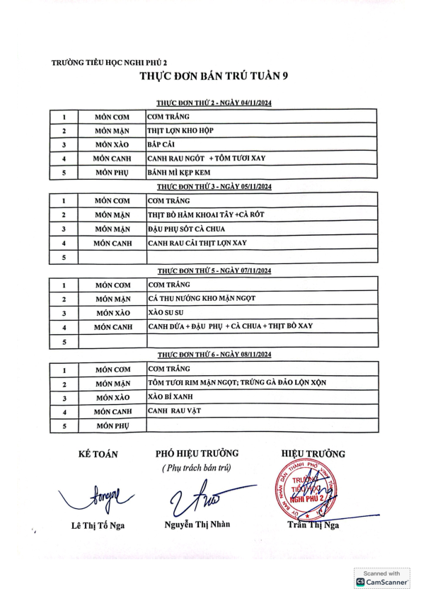 Thực đơn bán trú tuần 9