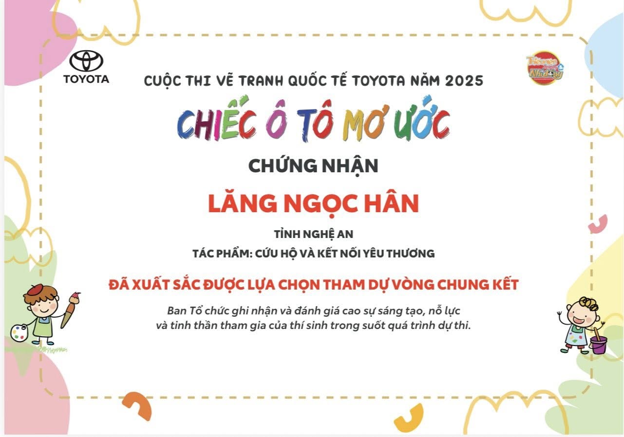 Chúc mừng hai em Lăng Ngọc Hân và Bùi Lê Anh – học sinh lớp 5E đã xuất sắc được lựa chọn tham dự Vòng chung kết Cuộc thi Vẽ tranh Quốc tế Toyota 2025 với chủ đề “Chiếc ô tô mơ ước”. 🚗✨