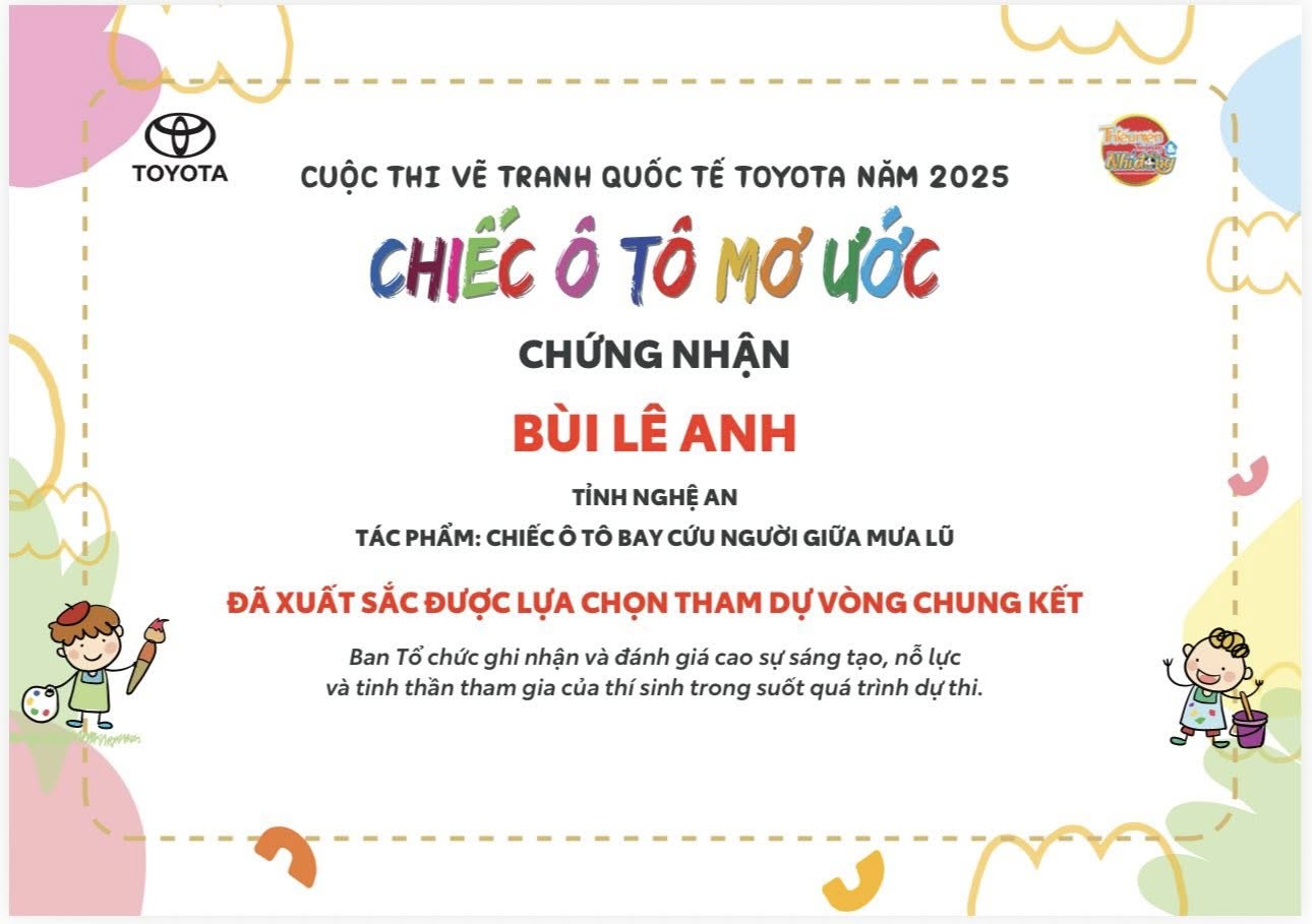 Chúc mừng hai em Lăng Ngọc Hân và Bùi Lê Anh – học sinh lớp 5E đã xuất sắc được lựa chọn tham dự Vòng chung kết Cuộc thi Vẽ tranh Quốc tế Toyota 2025 với chủ đề “Chiếc ô tô mơ ước”. 🚗✨