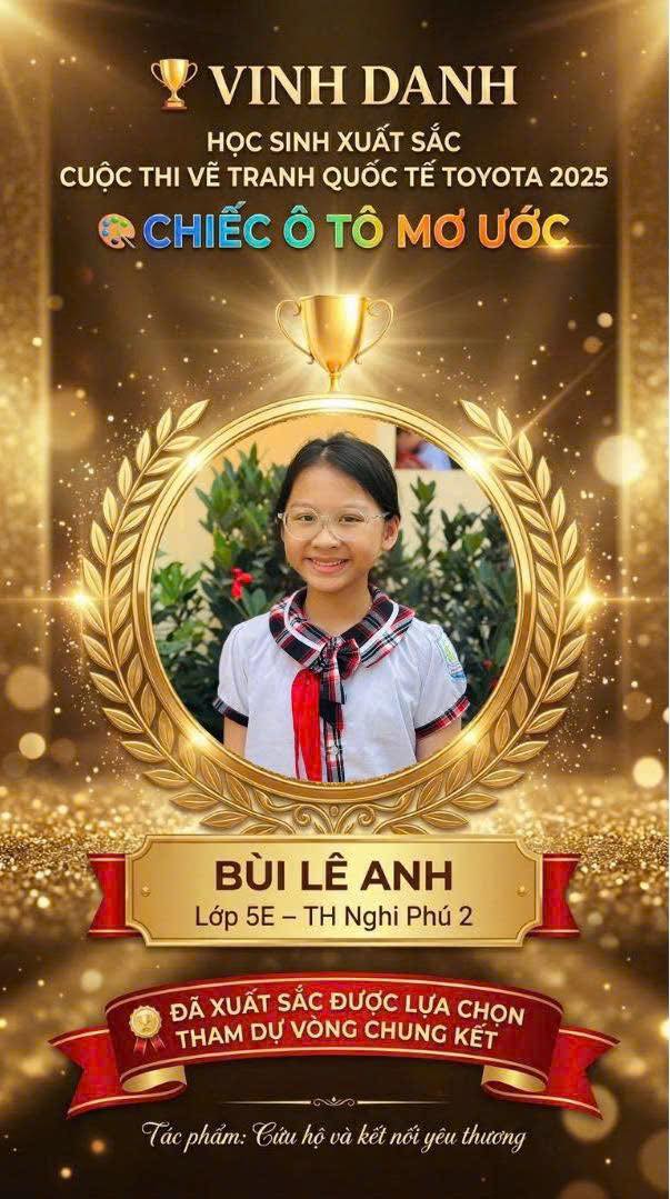 Chúc mừng hai em Lăng Ngọc Hân và Bùi Lê Anh – học sinh lớp 5E đã xuất sắc được lựa chọn tham dự Vòng chung kết Cuộc thi Vẽ tranh Quốc tế Toyota 2025 với chủ đề “Chiếc ô tô mơ ước”. 🚗✨