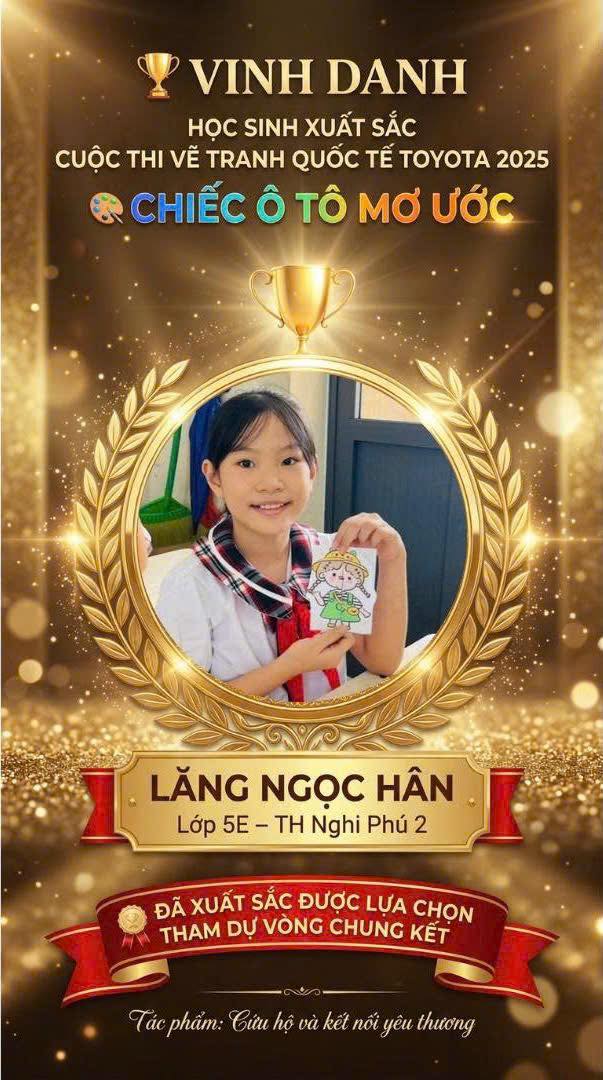 Chúc mừng hai em Lăng Ngọc Hân và Bùi Lê Anh – học sinh lớp 5E đã xuất sắc được lựa chọn tham dự Vòng chung kết Cuộc thi Vẽ tranh Quốc tế Toyota 2025 với chủ đề “Chiếc ô tô mơ ước”. 🚗✨