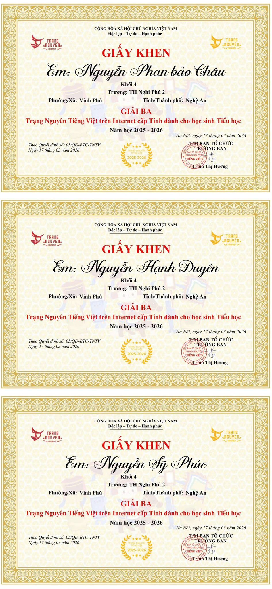 🏆 BẢNG VÀNG VINH DANH: 