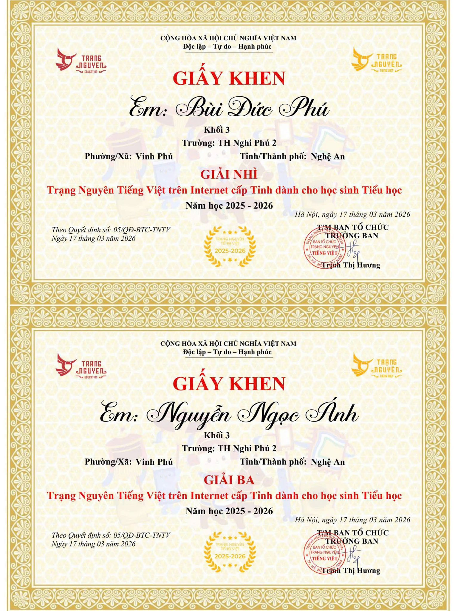 🏆 BẢNG VÀNG VINH DANH: 