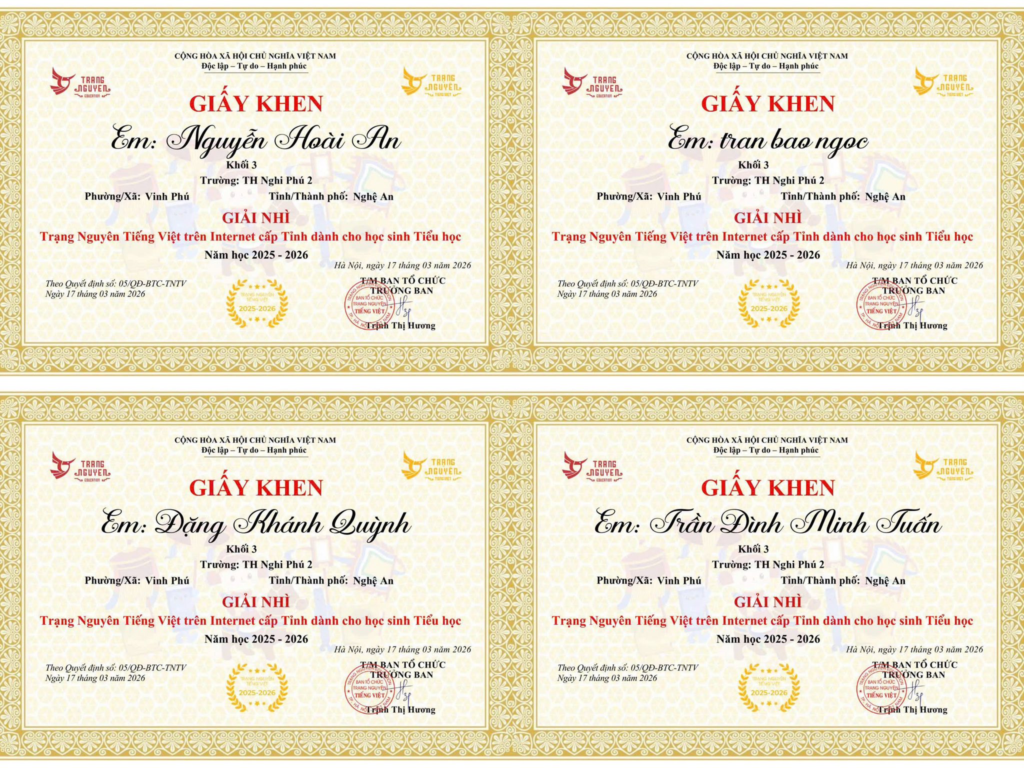 🏆 BẢNG VÀNG VINH DANH: 