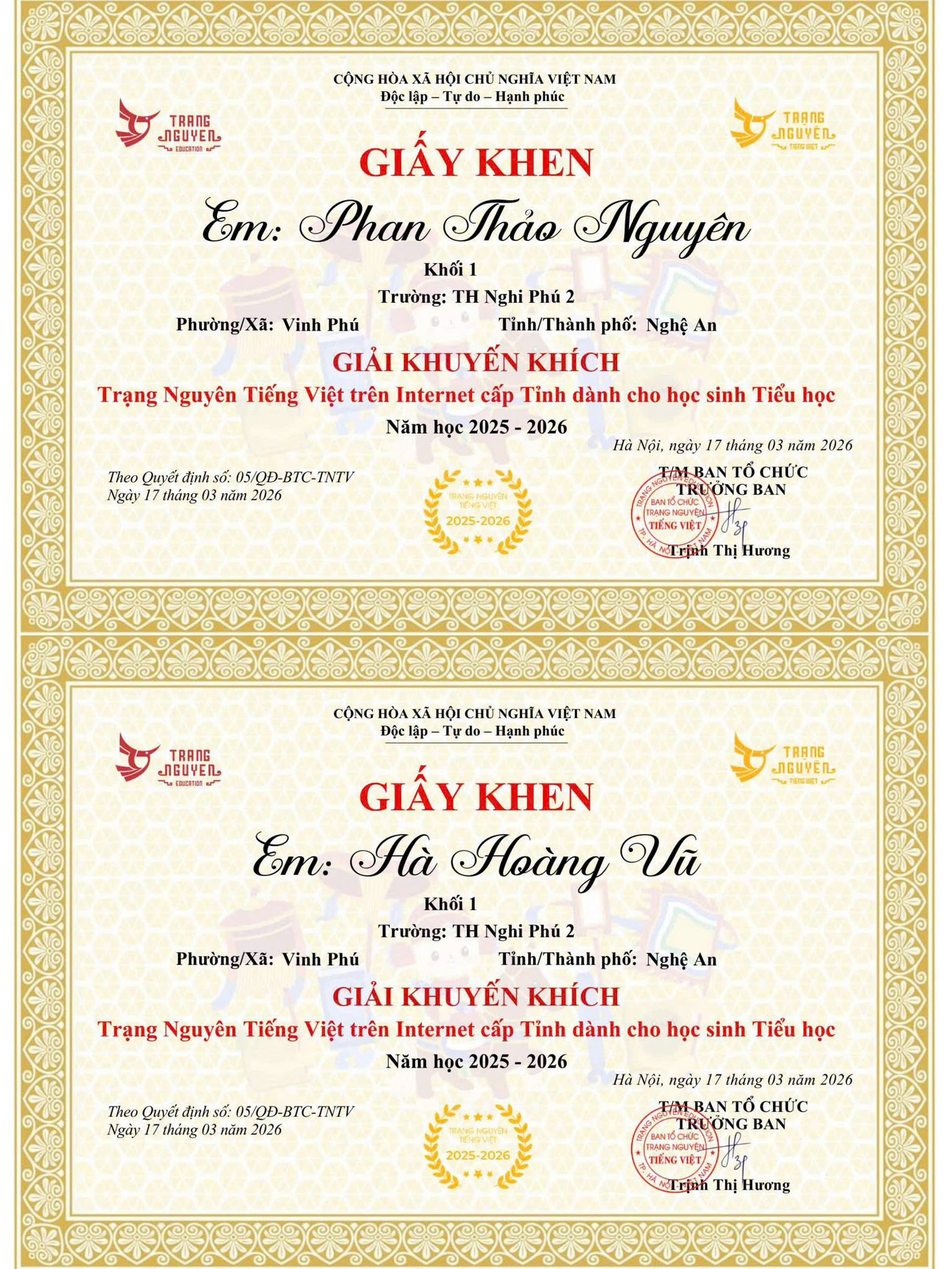 🏆 BẢNG VÀNG VINH DANH: 