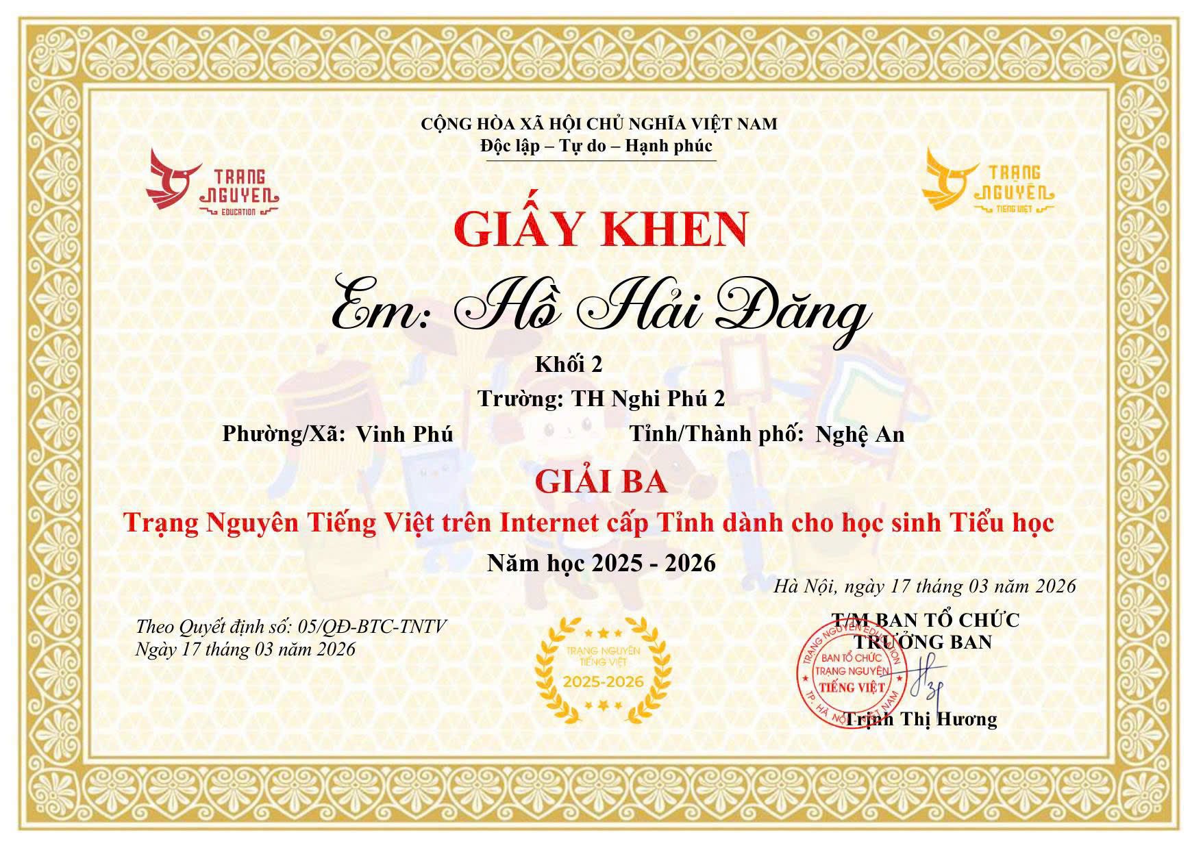 🏆 BẢNG VÀNG VINH DANH: 
