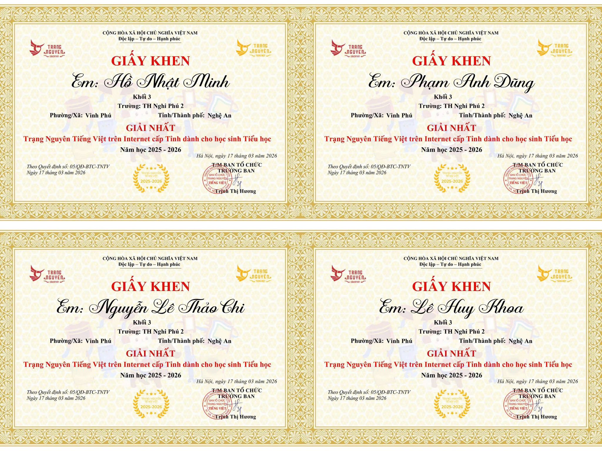 🏆 BẢNG VÀNG VINH DANH: 