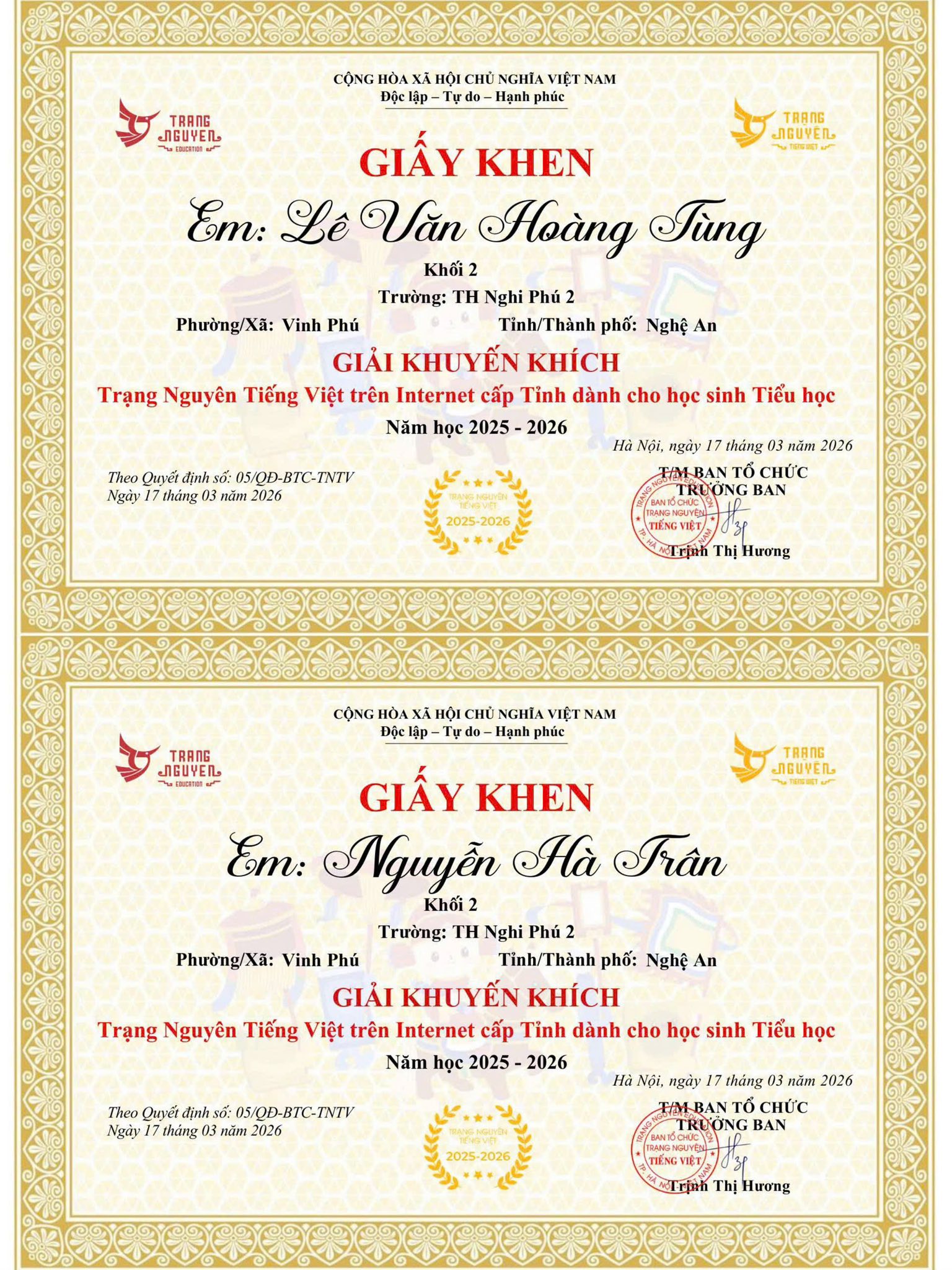 🏆 BẢNG VÀNG VINH DANH: 