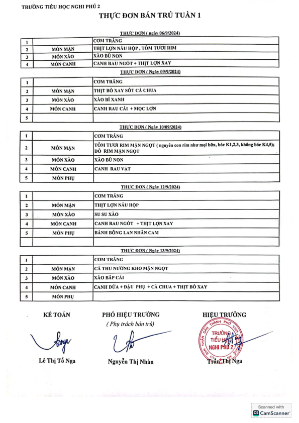 Thực đơn bán trú tuần 1