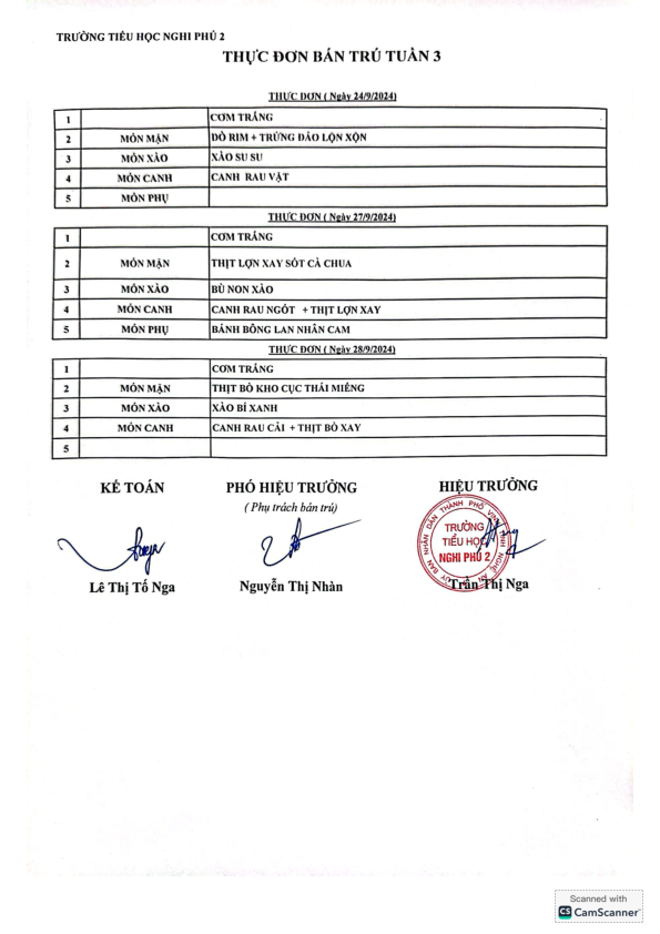 Thực đơn bán trú tuần 3