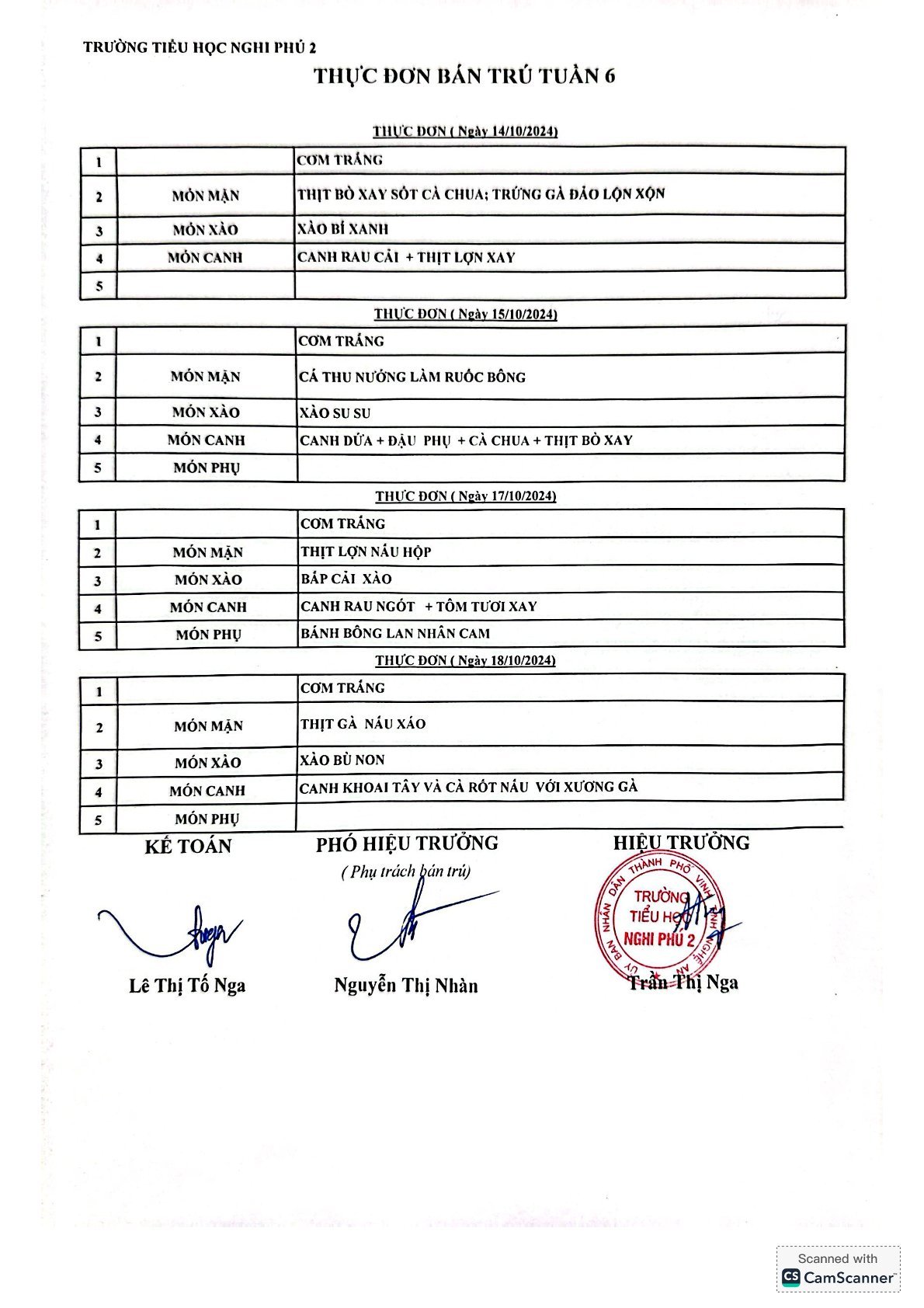 Thực đơn bán trú tuần 6