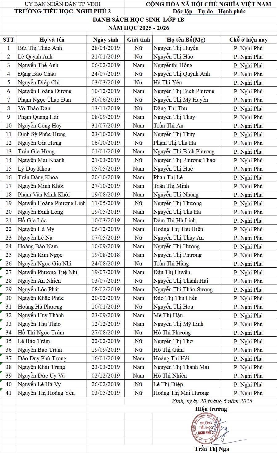 THÔNG BÁO DANH SÁCH LỚP 1 NĂM 2025 - 2026