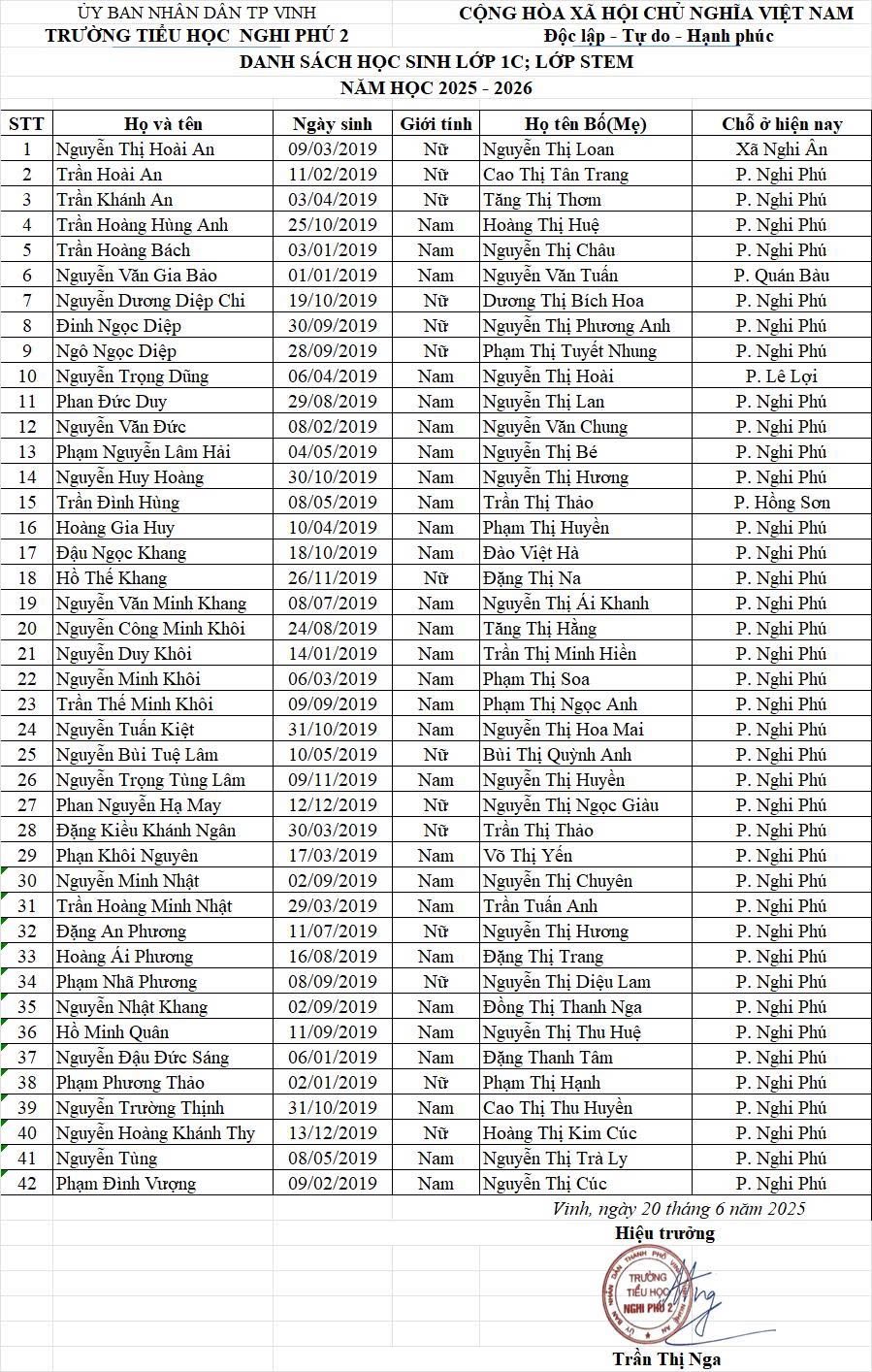 THÔNG BÁO DANH SÁCH LỚP 1 NĂM 2025 - 2026