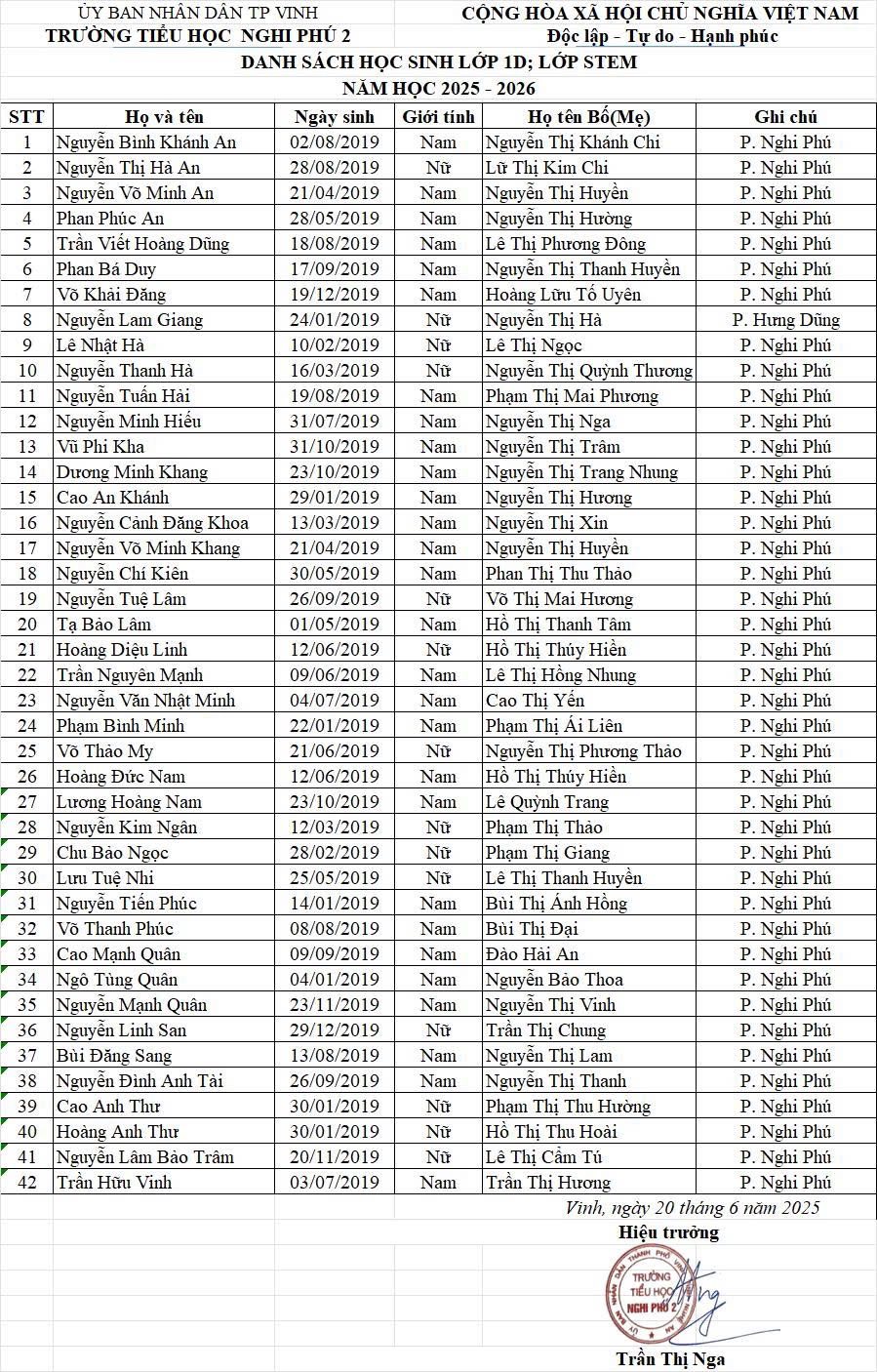 THÔNG BÁO DANH SÁCH LỚP 1 NĂM 2025 - 2026