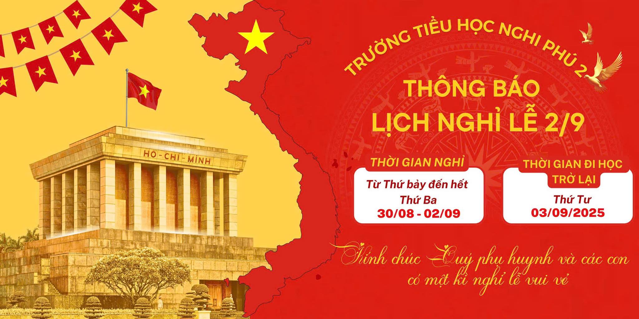 TIỂU HỌC NGHI PHÚ 2 THÔNG BÁO LỊCH NGHỈ LỄ