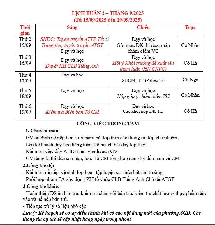 Lịch Tuần 2 Tháng 09/2025 (Từ ngày 15/09/2025 đến 19/09/2025)