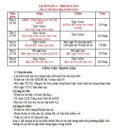 Lịch Tuần 3 tháng 9/2025 (Từ 22/09/2025 đến 26/09/2025)