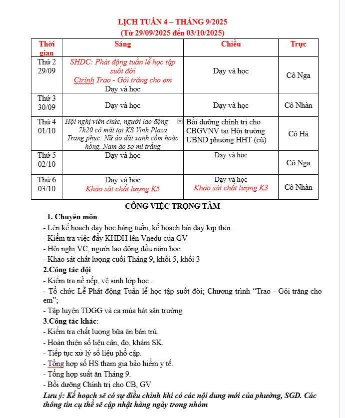 Lịch Tuần 4 tháng 09/2025 (29/09/2025 đến 03/10/2025)