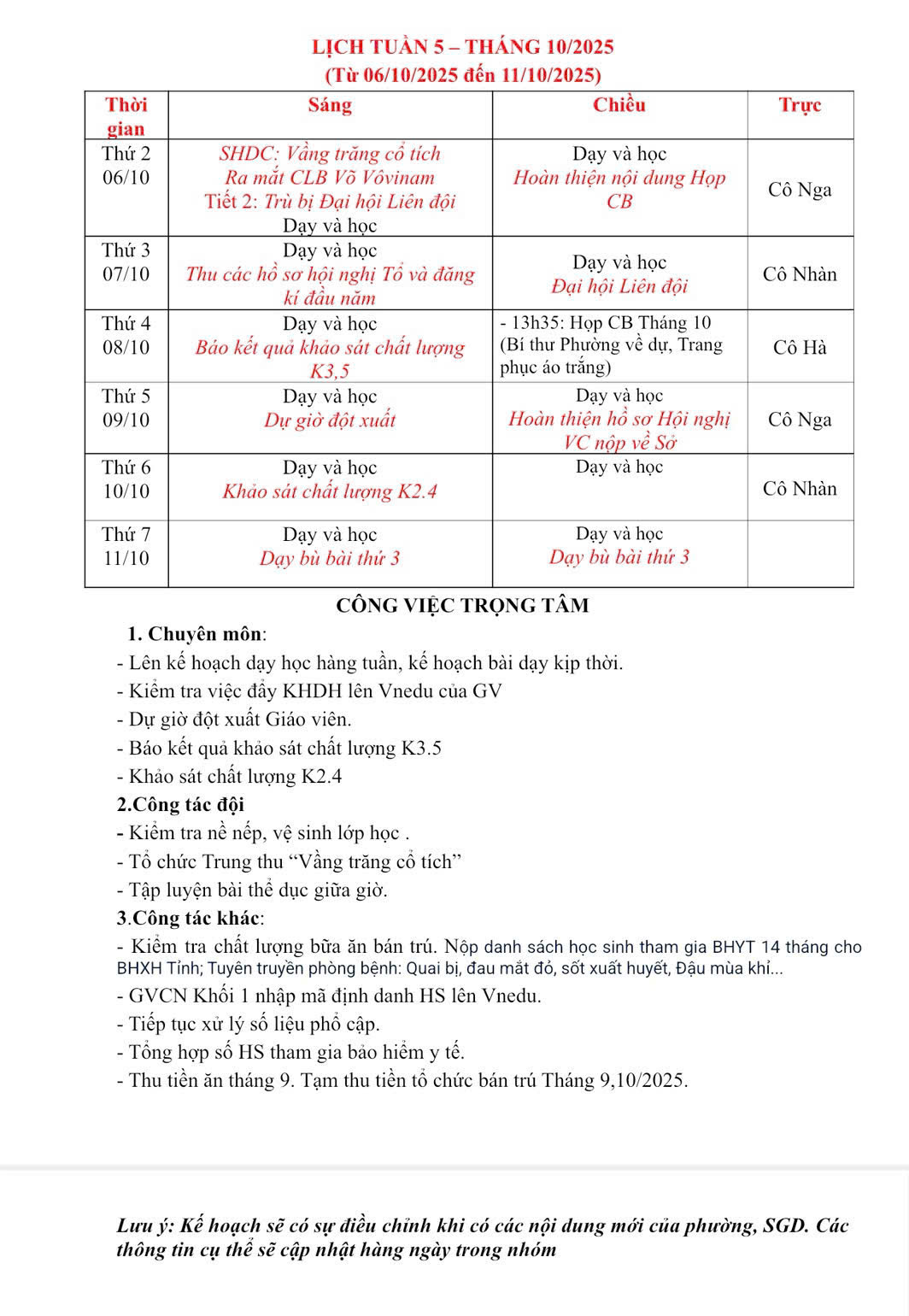 Lịch Tuần 5 Tháng 10/2025 (Từ ngày 06/10/2025 đến 11/10/2025)