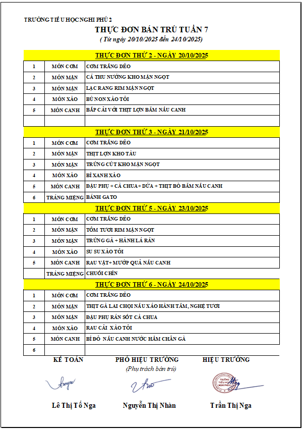 Thực đơn bán trú Tuần 7 (Từ ngày 20/10/2025 đến ngày 24/10/2025)