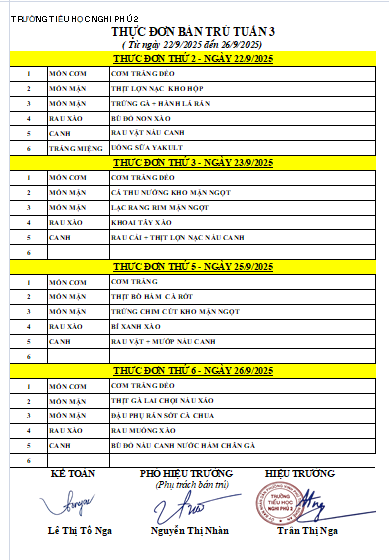 Thực đơn bán trú Tuần 3 (22/09/2025 - 26/09/2025)