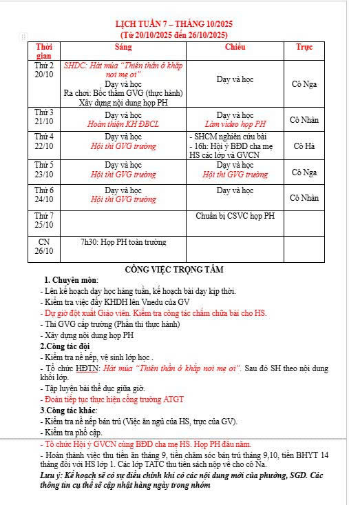 Lịch Tuần 7 Tháng 10/2025 (Từ ngày 20/10/2025 đến 26/10/2025)