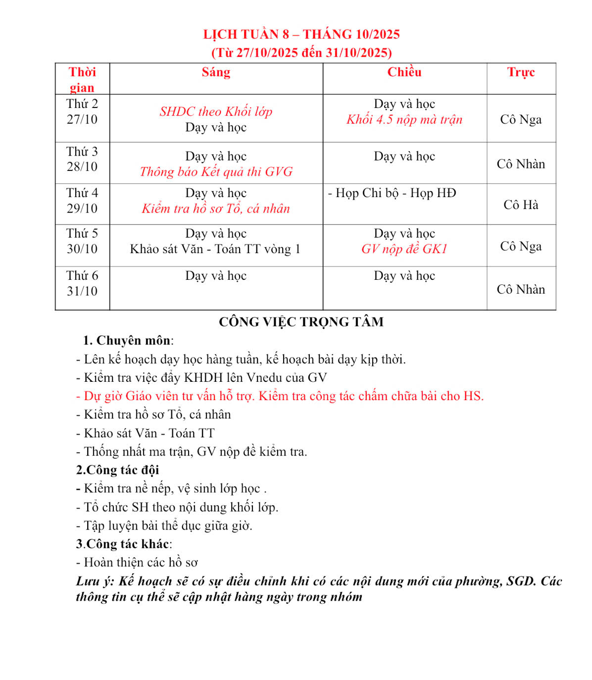LỊCH TUẦN 8 - THÁNG 10/2025