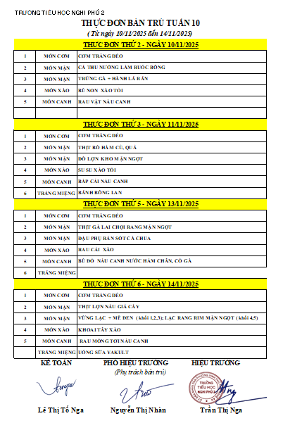 THỰC ĐƠN BÁN TRÚ TUẦN 10 (TỪ NGÀY 10/11/2025 ĐẾN 14/11/2025)