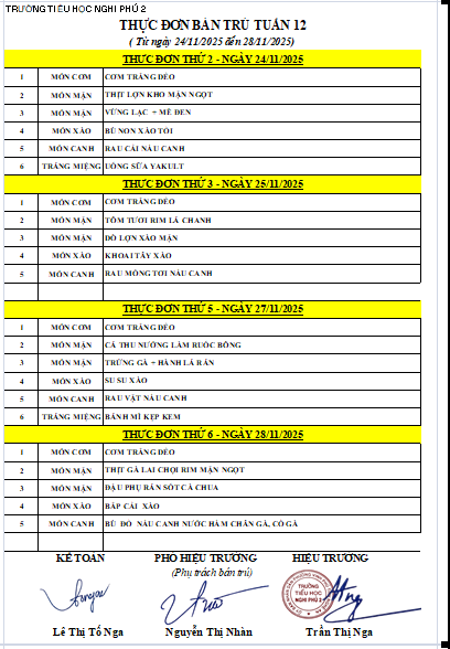 THỰC ĐƠN BÁN TRÚ TUẦN 12 (TỪ NGÀY 24/11/2025 ĐẾN 28/11/2025)