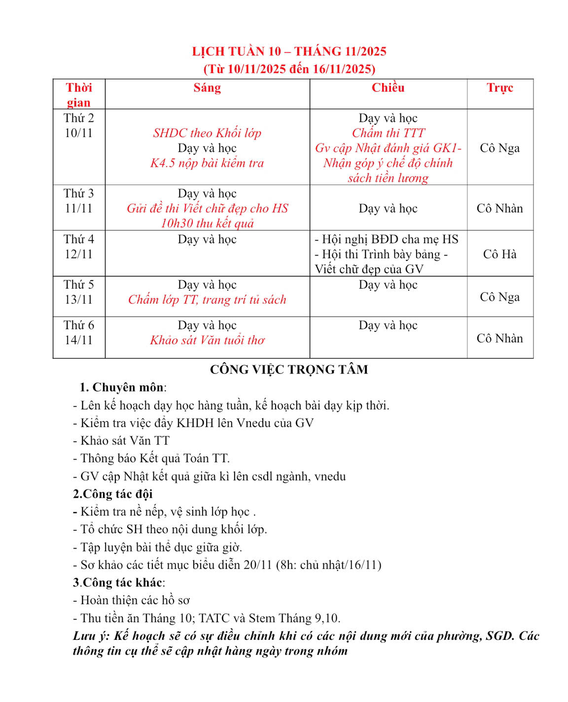 LỊCH TUẦN 10 - THÁNG 11/2025.