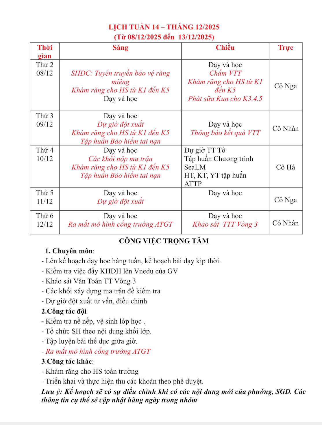 LỊCH TUẦN 14 - THÁNG 12/2025.