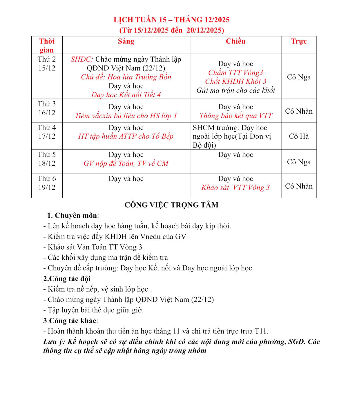 LỊCH TUẦN 15 - THÁNG 12/2025.