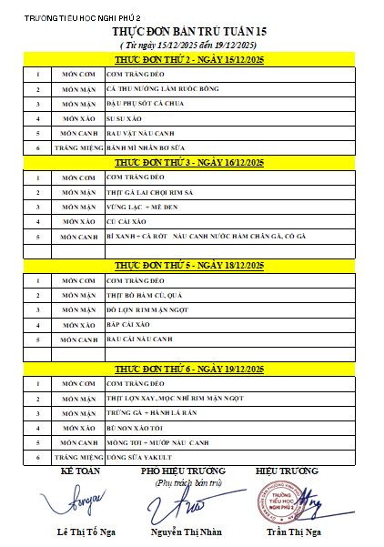 THỰC ĐƠN BÁN TRÚ TUẦN 15 (TỪ NGÀY 15/12/2025 ĐẾN 19/12/2025)